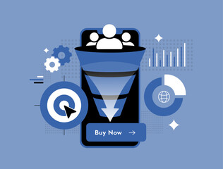 Poster - Sales funnel optimization in mobile marketing with conversion tracking business, user interaction metrics and click-to-buy buttons. Sales funnel optimization flat design vector illustration with icon