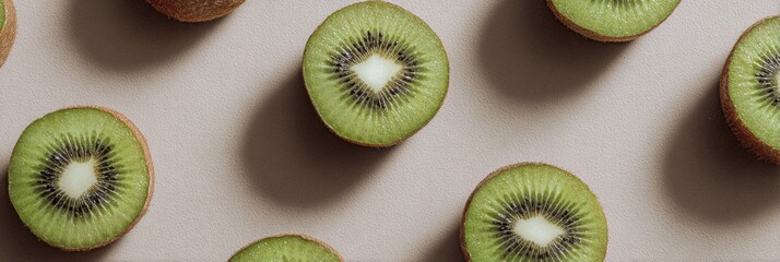 Poster - Halves of Kiwi Float on a Neutral Canvas, Showcasing Vibrant Green Fruit Against a Minimalist Backdrop