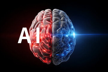 Poster - Visualization of Artificial Intelligence Concept With Red and Blue Brain Hemispheres Representing Traditional and Modern Thinking