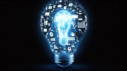 Poster - Electric blue illuminated lightbulb with digital data concept on black background a symbol of innovation and technology.