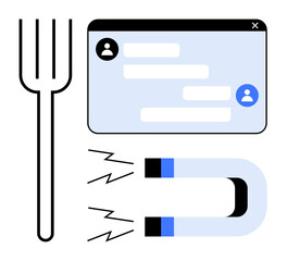 Poster - Chat window with user icons, minimal magnet emitting lines, and a simple fork design. Ideal for communication, attraction, food services, networking, messaging apps, user interaction simple landing