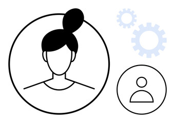 Poster - Female avatar in a circle beside a smaller user icon and gears. Ideal for user interface, profile management, team collaboration, HR tools, personal settings, account customization, simple flat
