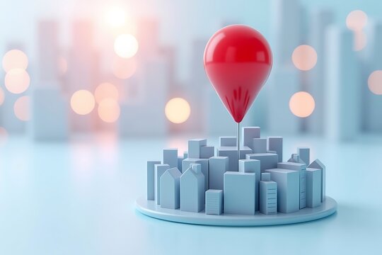 Red balloon over miniature city model with blurred background lights