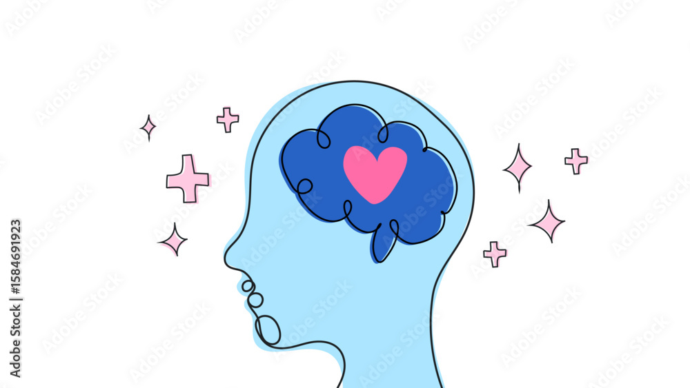 Mental health mind brain and love heart head silhouette vector doodle ...