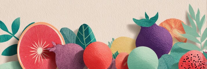 Poster - Stylized Collage of Colorful Fruits With Paper-Cut Textures in Pastel Tones With Empty Space on the Left for Design Applications
