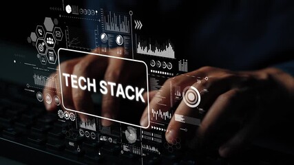 Fototapete - Hands Typing on Keyboard with Overlay of Digital Tech Stack Data Visualization in Modern Workspace. Asymptotic smart data analytic.