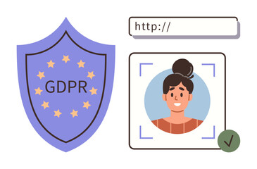 Poster - GDPR shield with stars, browser bar, user portrait in recognition frame, and verified checkmark. Ideal for data security, privacy, compliance, identification, regulation online safety cyber law