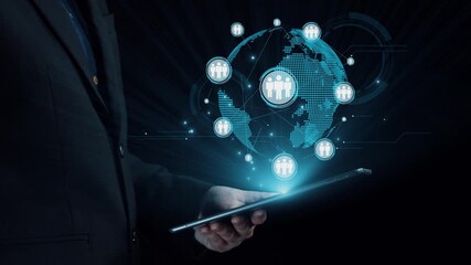 Poster - A businessman holds a tablet interacting with a futuristic digital network showcasing connections among individuals, symbolizing collaboration in the digital age. Qubit