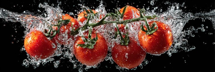 Poster - Fresh Tomatoes Splash in Water Creating a Dramatic Impact With High-Speed Effects Against a Clean Dark Background