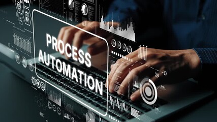 Fototapete - Close-Up of Hands Typing on Keyboard with Digital Screen Displaying Process Automation Graphics and Data Visualizations. Asymptotic smart data analytic.