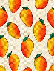 Poster - Colorful Pop Art Mango Pattern With Halftone Texture and a Blank Right Margin Creates a Vibrant Decorative Design