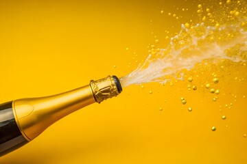 Gold champagne bottle exploding with bubbles and spray