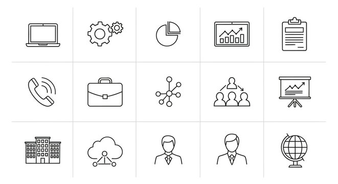 Collection of Business and Technology Icons in Outline Style.