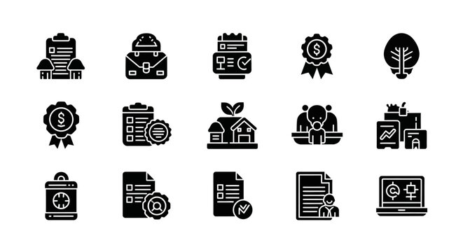 Collection of Black Icons Representing Various Concepts and Ideas.