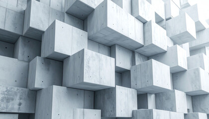 Poster - A textured wall of interlocking concrete cubes creates a modern, abstract design, showcasing geometric shapes and clean lines
