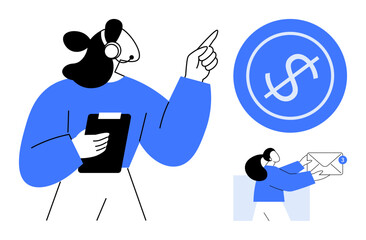 Poster - Customer service agent wearing a headset, pointing to a dollar sign, holding a clipboard. Additional visual of sending a message with financial focus. Ideal for finance, support, communication