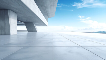 Poster - Modern architectural space with sleek lines, concrete surfaces, and a bright sky, creating a minimalist and serene atmosphere