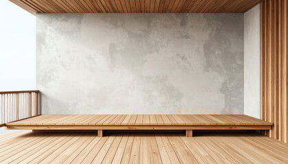 Poster - A minimalist wooden deck area with a smooth gray wall, featuring a natural wood finish and open space, ideal for relaxation or artistic expression