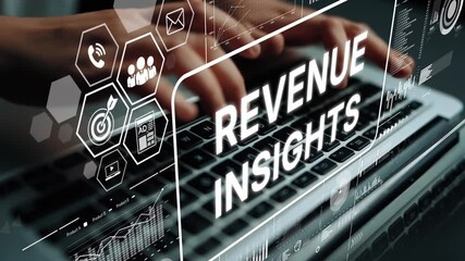Poster - Innovative Revenue Insights and Analytics Concepts on Digital Interface with Hands Typing on Laptop. Asymptotic smart data analytic.