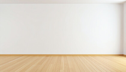 Poster - A minimalist interior space featuring a blank white wall and wooden flooring, creating a clean and modern aesthetic