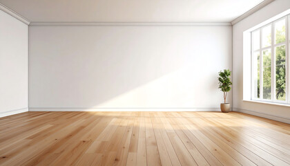 Poster - A bright, minimalistic room featuring wooden floors, white walls, and a single potted plant near a large window