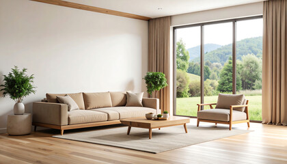 Poster - A modern living room featuring a beige sofa, wooden furniture, and large windows showcasing a green landscape outside