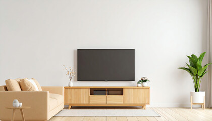 Poster - A modern living room featuring a cozy sofa, wooden TV unit, and decorative plants against a minimalist wall