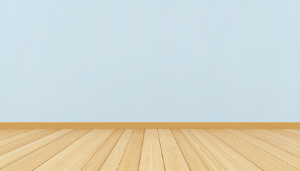Poster - A clean, minimalist interior featuring a light blue wall and wooden floor, perfect for various design and decor ideas
