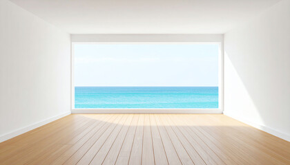 Poster - A minimalist interior with a large window showcasing a beautiful ocean view, emphasizing tranquility and openness