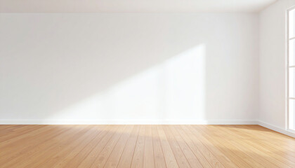 Poster - Bright, minimalist room with wooden flooring and sunlight streaming through a window, creating a serene and spacious atmosphere