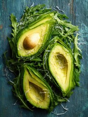Poster - Freshly Sliced Avocado Paired With Vibrant Greens on Rustic Wooden Background, Perfect for Healthy Meal Ideas and Light Snacks Any Time of Day
