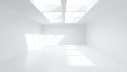 Poster - A bright, minimalist interior space with white walls and natural light streaming through skylights, creating an airy and open atmosphere