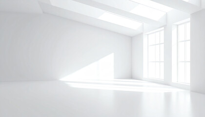 Poster - Bright, minimalist room with large windows allowing natural light to fill the space, showcasing a clean, white aesthetic