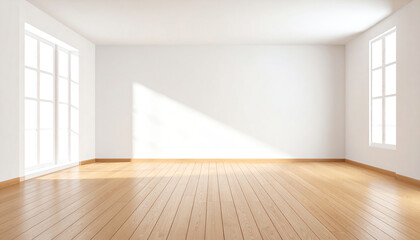 Poster - Bright, empty room with wooden flooring and large windows, allowing natural light to fill the space