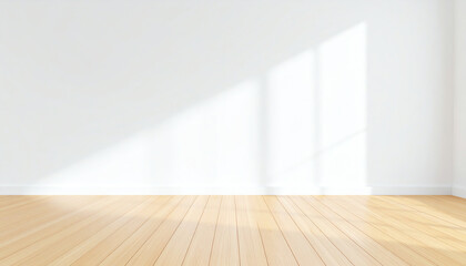 Poster - A bright, minimalistic interior space with light wood flooring and white walls, featuring soft shadows from sunlight streaming in