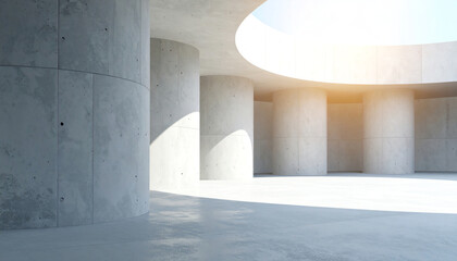 Poster - A modern interior space featuring cylindrical concrete pillars and a circular skylight, creating an airy and minimalist atmosphere