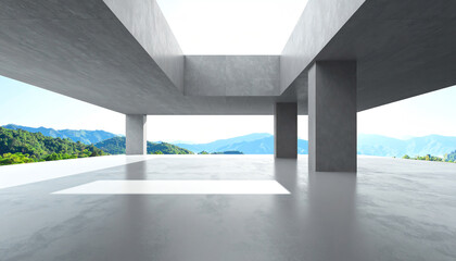 Poster - A modern architectural space with large openings, offering expansive views of lush mountains and a bright sky, emphasizing minimalism and nature integration