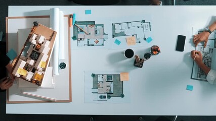 Poster - Top down aerial view of project manager using laptop to analysis building construction. Aerial view of engineer planning and writing at sticky note while brainstorming house structure. Alimentation.
