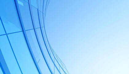 Poster - A sleek, modern building with curved glass reflecting a clear blue sky, showcasing contemporary architectural design and elegance