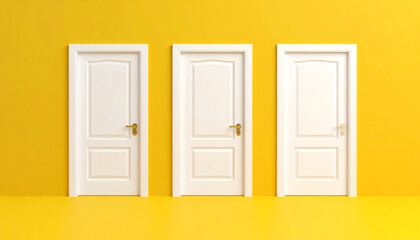 Poster - Three white doors stand against a vibrant yellow wall, creating a striking and modern visual contrast in a minimalist style