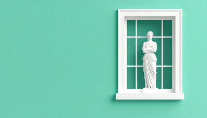 Poster - A white statue stands elegantly in a window against a vibrant teal wall, creating a striking visual contrast and a modern aesthetic
