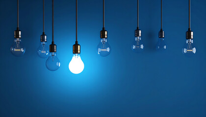 Poster - Hanging light bulbs illuminate a blue background, with one bulb glowing brightly, creating a striking contrast and a modern aesthetic