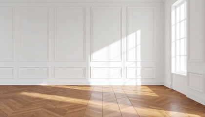 Poster - A bright, minimalist room featuring white walls and a wooden floor, illuminated by natural light streaming through a large window