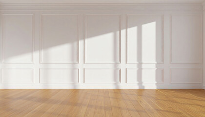 Poster - A bright, minimalist interior with wooden flooring and white panelled walls, featuring soft shadows cast by sunlight