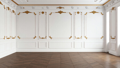 Poster - Elegant interior featuring white walls with ornate golden moldings and a wooden herringbone floor, creating a classic and sophisticated atmosphere