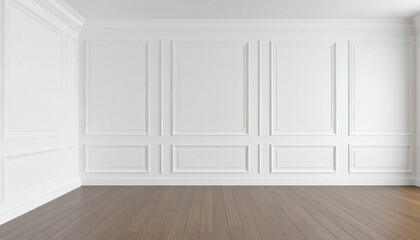 Poster - A spacious, minimalist room featuring elegant white paneling and a warm wooden floor, perfect for interior design inspiration