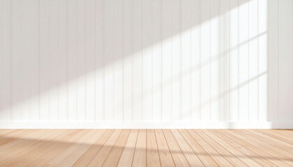 Poster - A bright, minimalist interior featuring a wooden floor and white paneling, illuminated by natural light creating soft shadows
