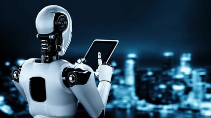 Poster - Internet connection controlled by AI robot huminoid and machine learning process to analyze data connectivity and cyber security . 3D rendering .