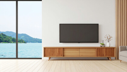 Poster - Modern living room featuring a sleek wooden TV stand, a large window with a scenic view of the water and mountains, and minimalist decor