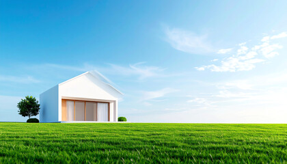 Poster - A modern house sits on a lush green lawn under a clear blue sky, creating a serene and inviting atmosphere